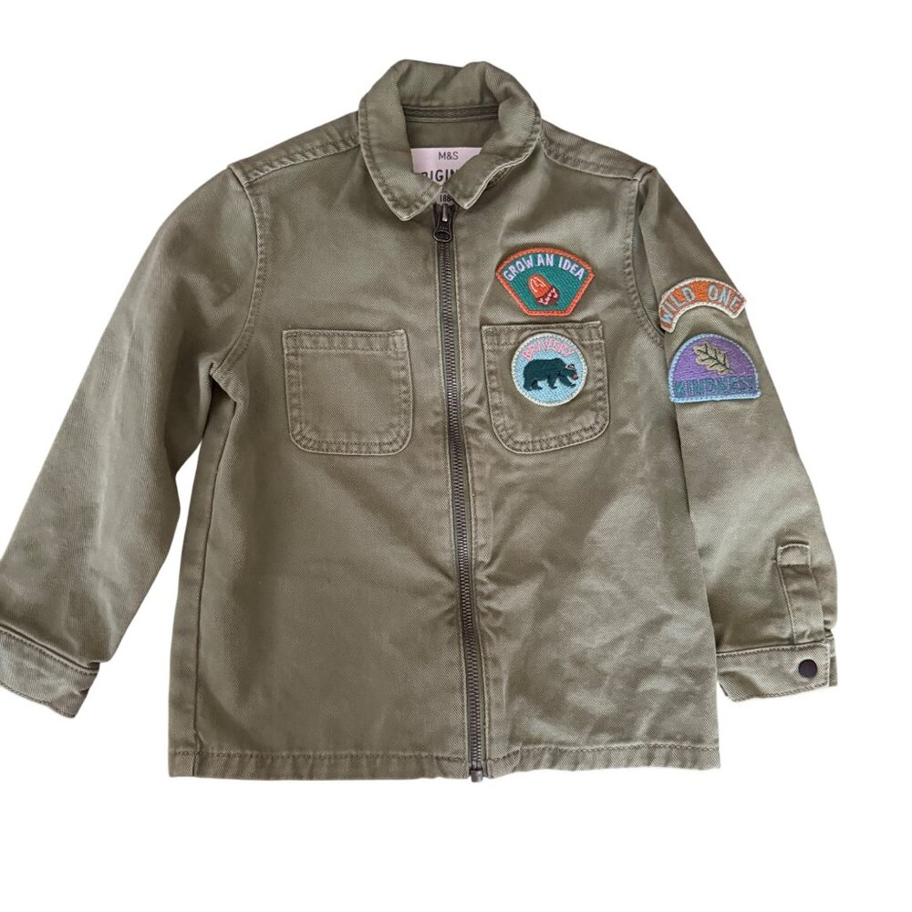 M&S Originals Boys Olive Green Adventure Jacket W/ Patches & Zipper  Cotton Blen